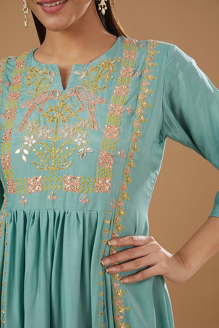 Blue Silk Muslin Embroidered Long Summer Dress by Ojasvini at Pernia's Pop Up Shop