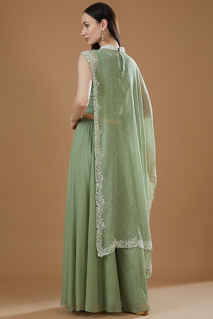 Sage Green Chiffon Party Wear Sharara Set by Ojasvini at Pernia's Pop Up Shop