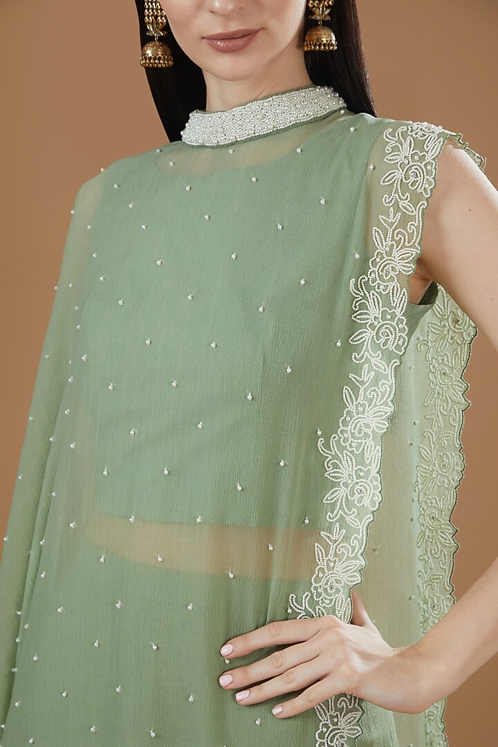 Sage Green Chiffon Party Wear Sharara Set by Ojasvini at Pernia's Pop Up Shop