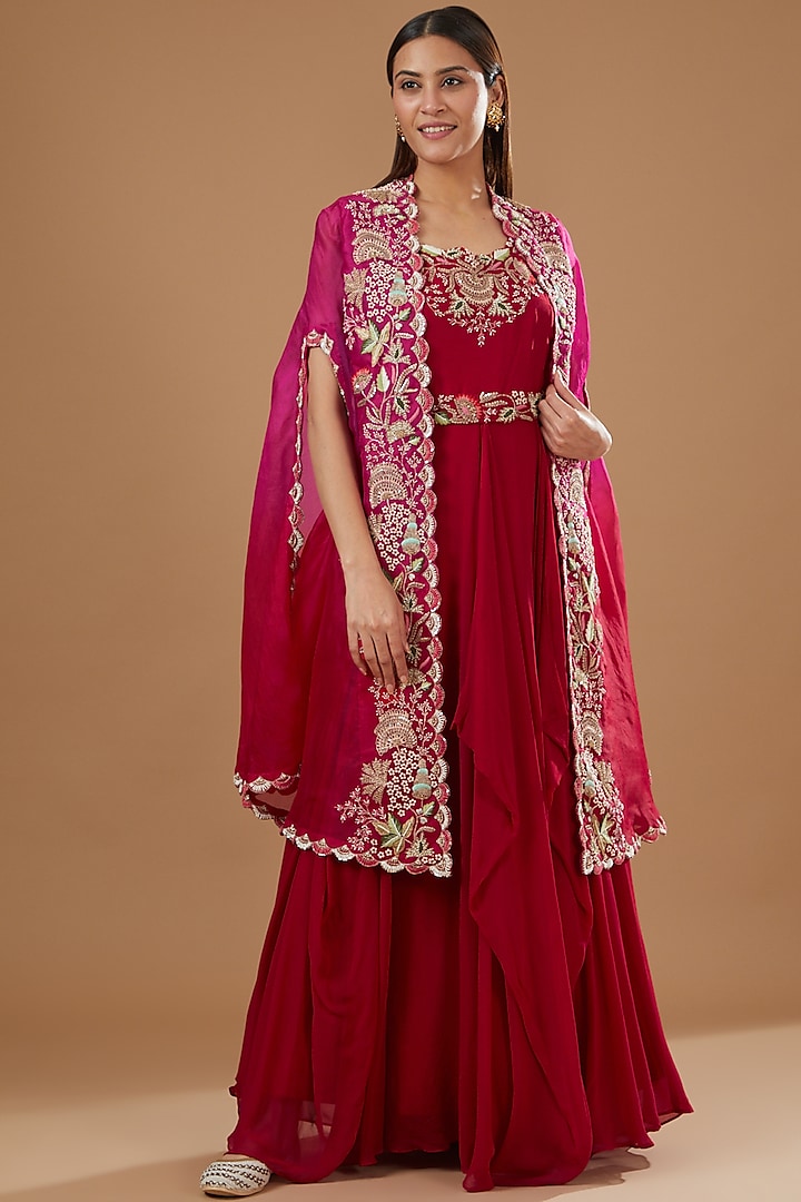 Red Georgette Hand Embroidered Anarkali Set by Ojasvini