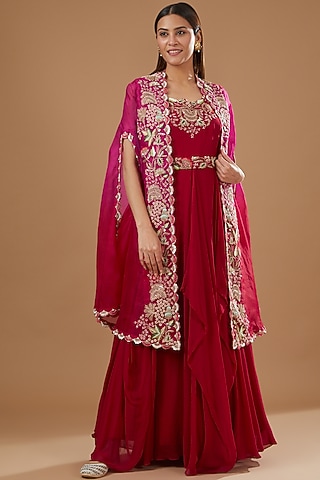 Red Georgette Hand Embroidered Anarkali Set by Ojasvini