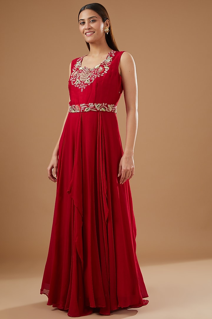 Red Georgette Hand Embroidered Wedding Anarkali Set by Ojasvini at Pernia's Pop Up Shop