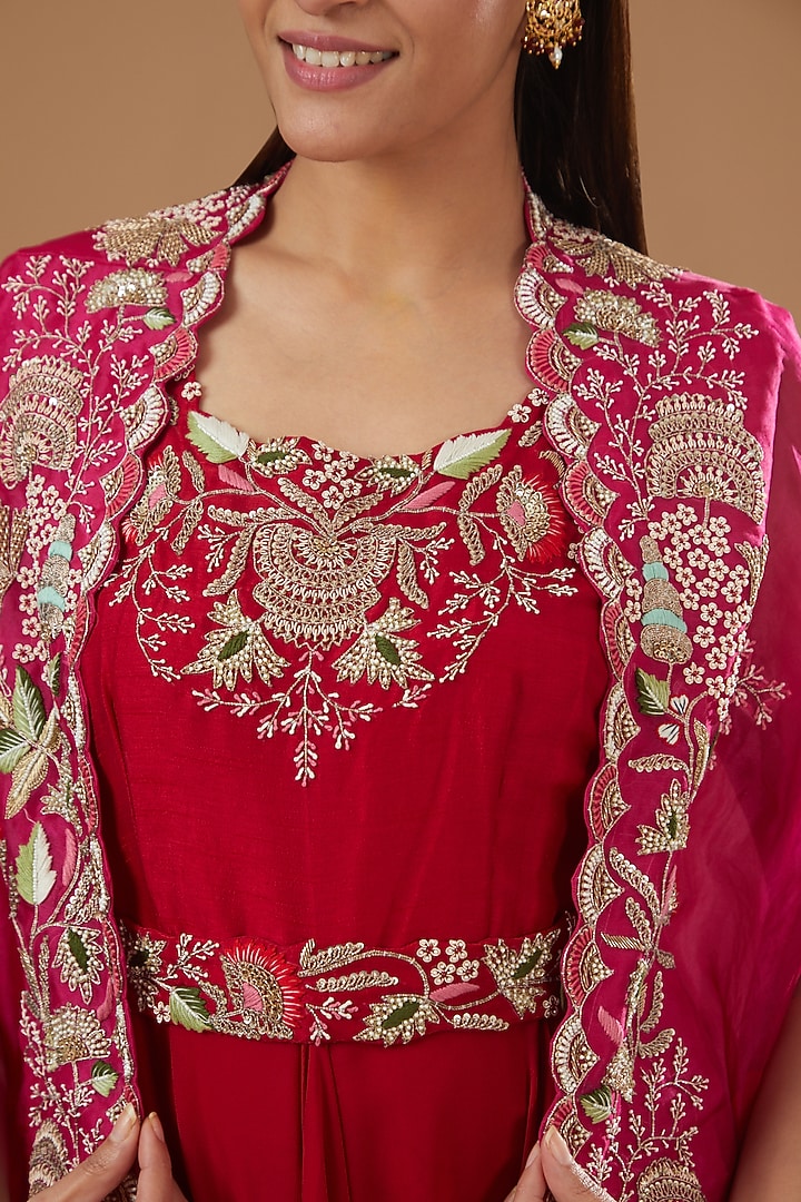 Red Georgette Hand Embroidered Wedding Anarkali Set by Ojasvini at Pernia's Pop Up Shop