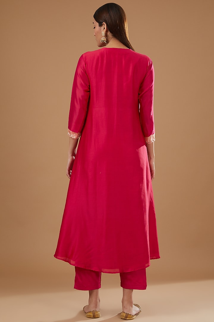 Red Silk Chanderi Hand Embroidered Kurta Set by Ojasvini at Pernia's Pop Up Shop