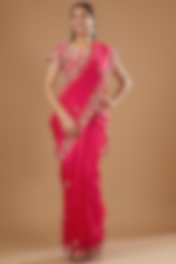 Redish Pink Organza Hand Embroidered Reception Saree Set by Ojasvini at Pernia's Pop Up Shop
