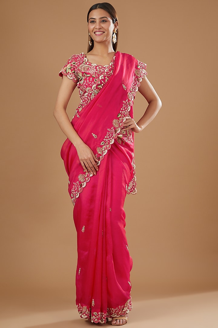 Redish Pink Organza Hand Embroidered Reception Saree Set by Ojasvini at Pernia's Pop Up Shop