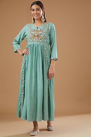 Blue Silk Muslin Hand Embroidered Dress by Ojasvini