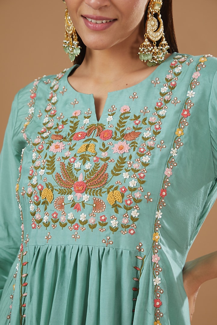 Blue Silk Muslin Hand Embroidered Summer Dress by Ojasvini at Pernia's Pop Up Shop