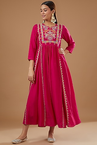 Red Silk Muslin Hand Embroidered Dress by Ojasvini