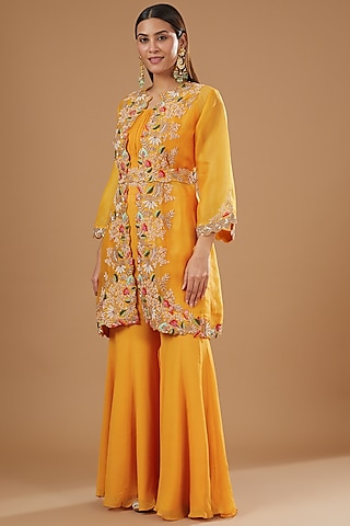Mango Yellow Georgette Sharara Set by Ojasvini