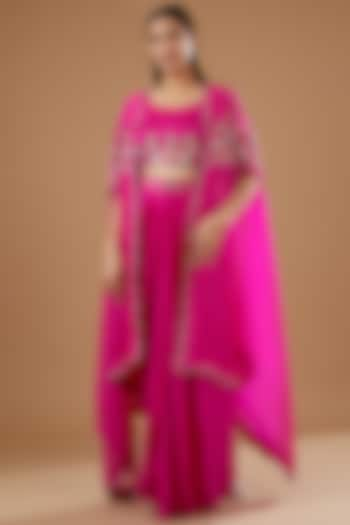 Fuchsia Pink Organza Hand Embroidered Cape Set by Ojasvini at Pernia's Pop Up Shop