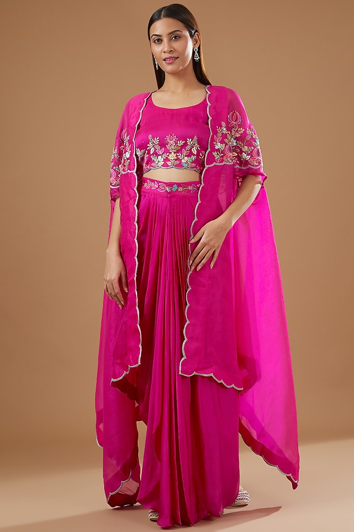 Fuchsia Pink Organza Hand Embroidered Cape Set by Ojasvini at Pernia's Pop Up Shop