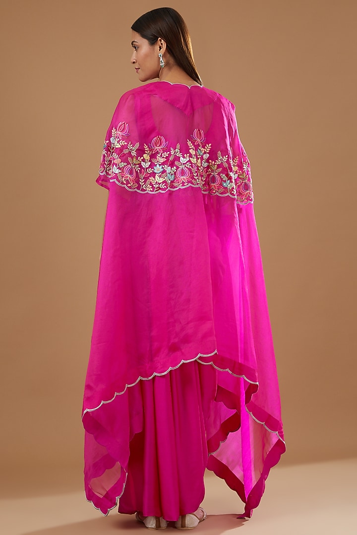 Fuchsia Pink Organza Hand Embroidered Cape Set by Ojasvini at Pernia's Pop Up Shop