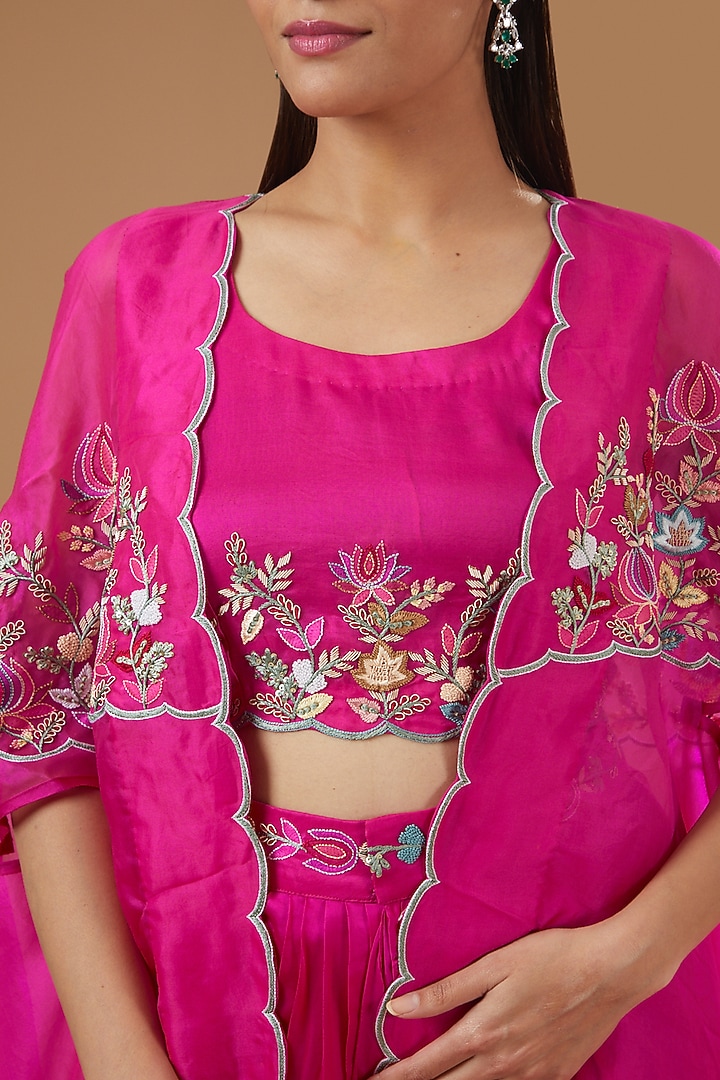 Fuchsia Pink Organza Hand Embroidered Cape Set by Ojasvini at Pernia's Pop Up Shop