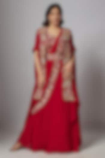 Red Georgette Hand Embroidered Wedding Lehenga Set by Ojasvini at Pernia's Pop Up Shop