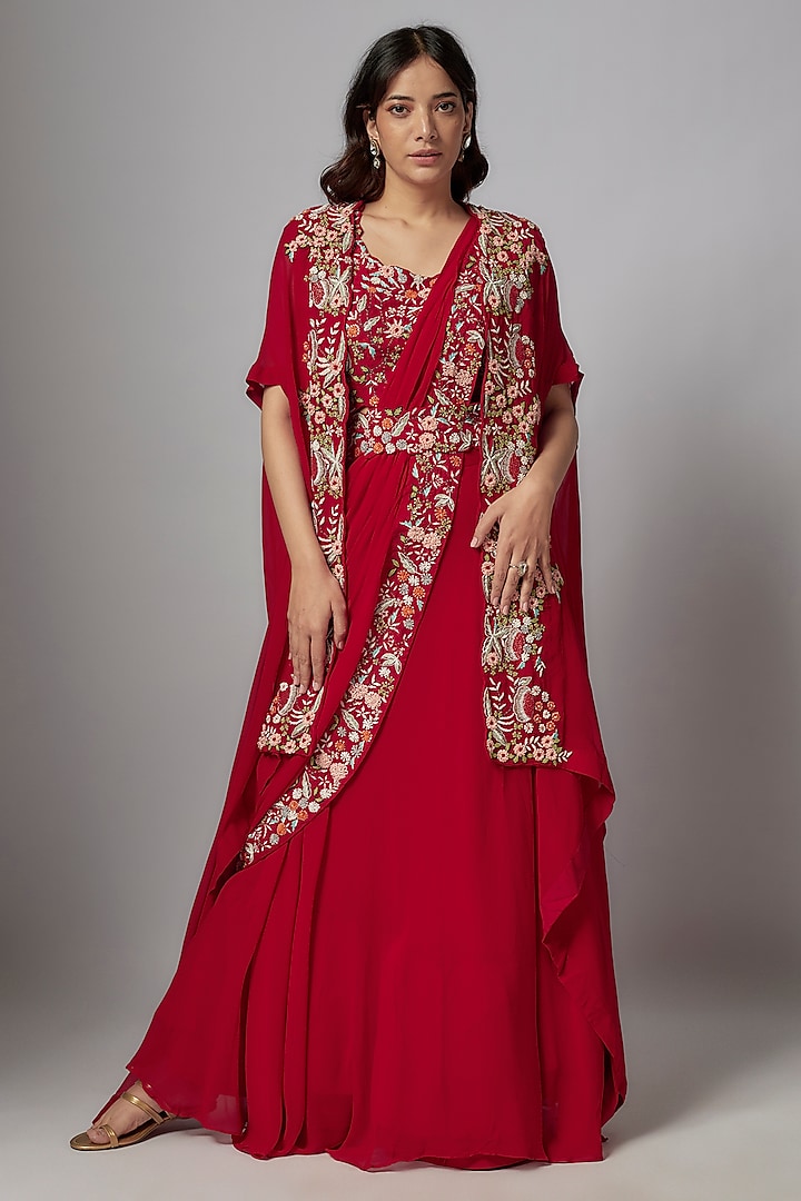 Red Georgette Hand Embroidered Wedding Lehenga Set by Ojasvini at Pernia's Pop Up Shop