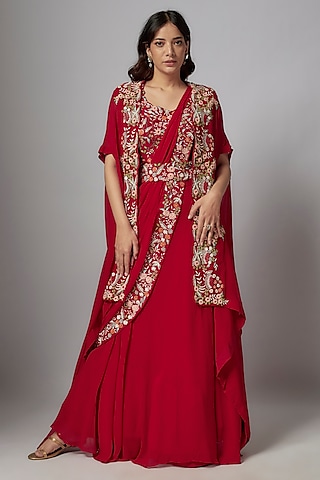 Red Georgette Hand Embroidered Lehenga Set by Ojasvini