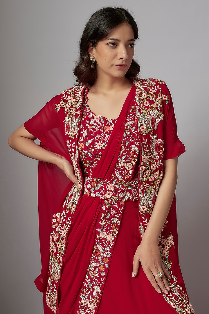Red Georgette Hand Embroidered Wedding Lehenga Set by Ojasvini at Pernia's Pop Up Shop
