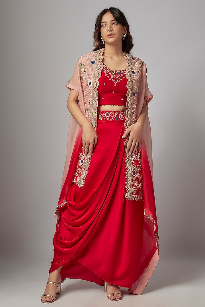 Red Silk & Satin Modal Embroidered Cowl Skirt Set by Ojasvini