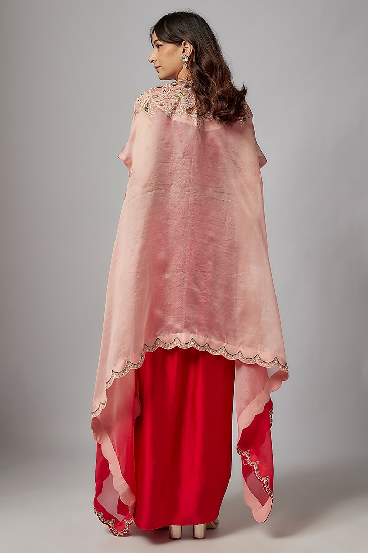 Red Silk & Satin Modal Embroidered Cowl Skirt Set by Ojasvini at Pernia's Pop Up Shop