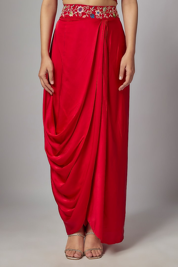 Red Silk & Satin Modal Embroidered Cowl Skirt Set by Ojasvini at Pernia's Pop Up Shop