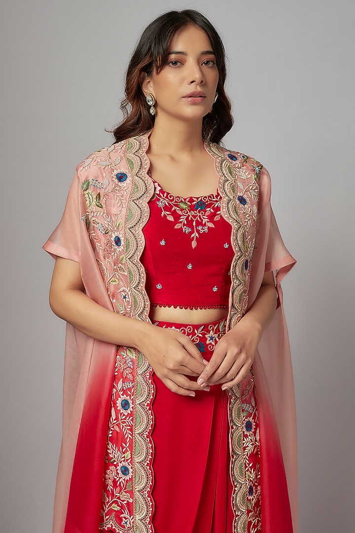 Red Silk & Satin Modal Embroidered Cowl Skirt Set by Ojasvini at Pernia's Pop Up Shop