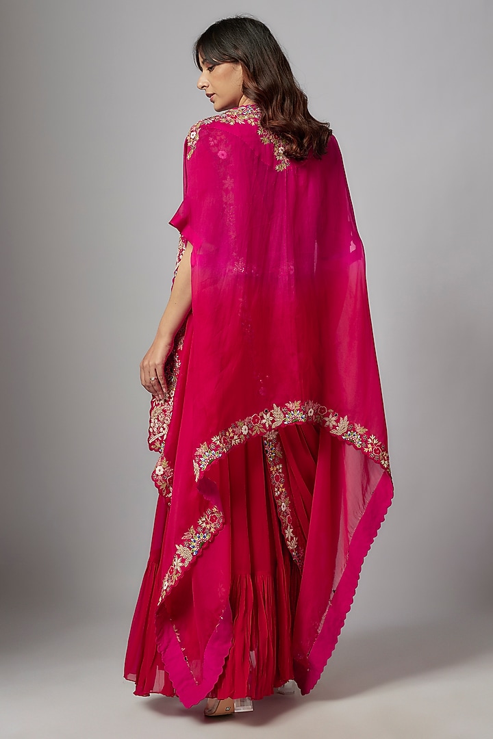 Red Organza & Chanderi Embroidered Cape Set by Ojasvini at Pernia's Pop Up Shop