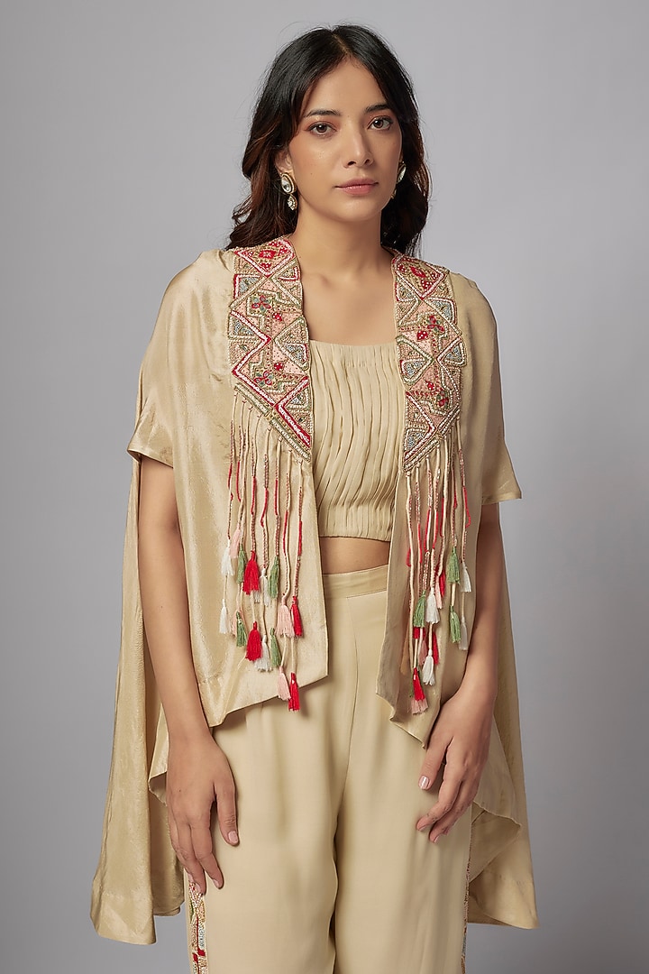 Ivory Georgette & Chinese Dupion Embroidered Cape Set by Ojasvini at Pernia's Pop Up Shop