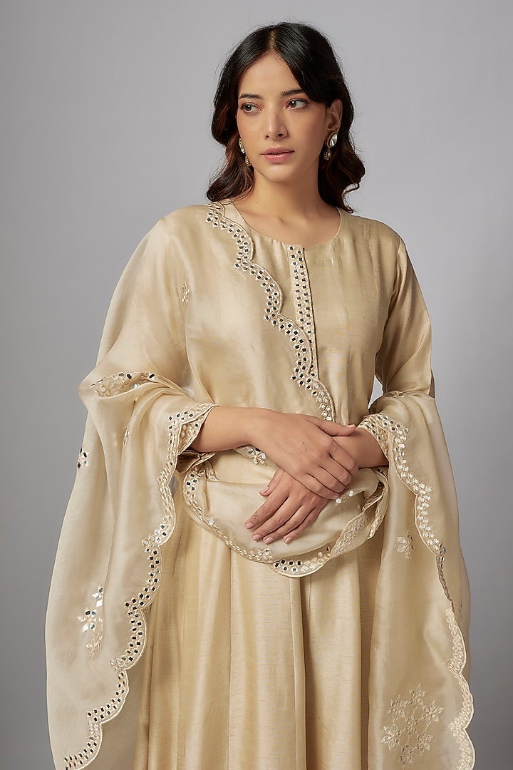 Ivory Silk & Organza Mirror Work Wedding Anarkali Set by Ojasvini at Pernia's Pop Up Shop