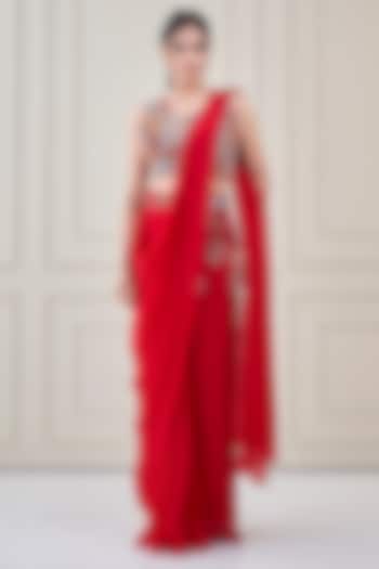 Red Satin Organza & Silk Pre-Draped Wedding Saree Set by Ojasvini at Pernia's Pop Up Shop