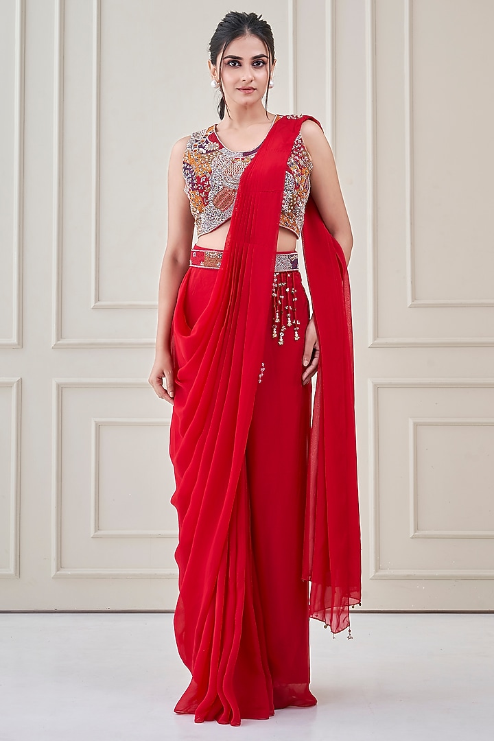 Red Satin Organza & Silk Pre-Draped Wedding Saree Set by Ojasvini at Pernia's Pop Up Shop