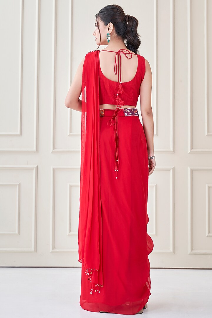 Red Satin Organza & Silk Pre-Draped Wedding Saree Set by Ojasvini at Pernia's Pop Up Shop
