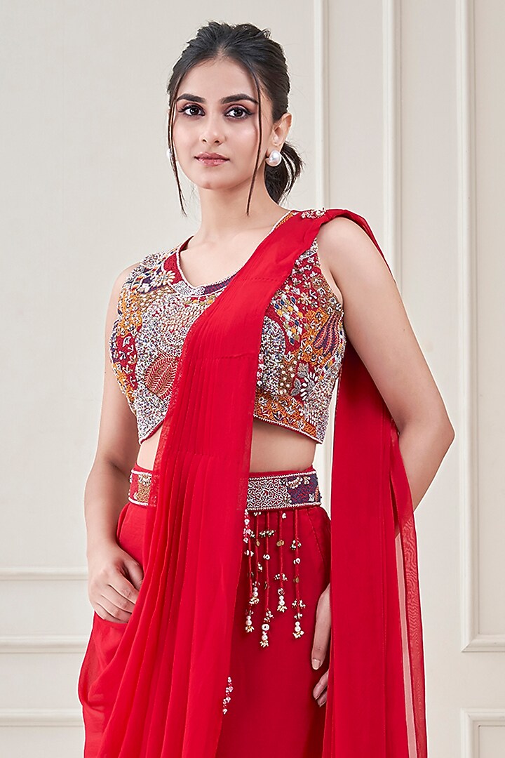Red Satin Organza & Silk Pre-Draped Wedding Saree Set by Ojasvini at Pernia's Pop Up Shop