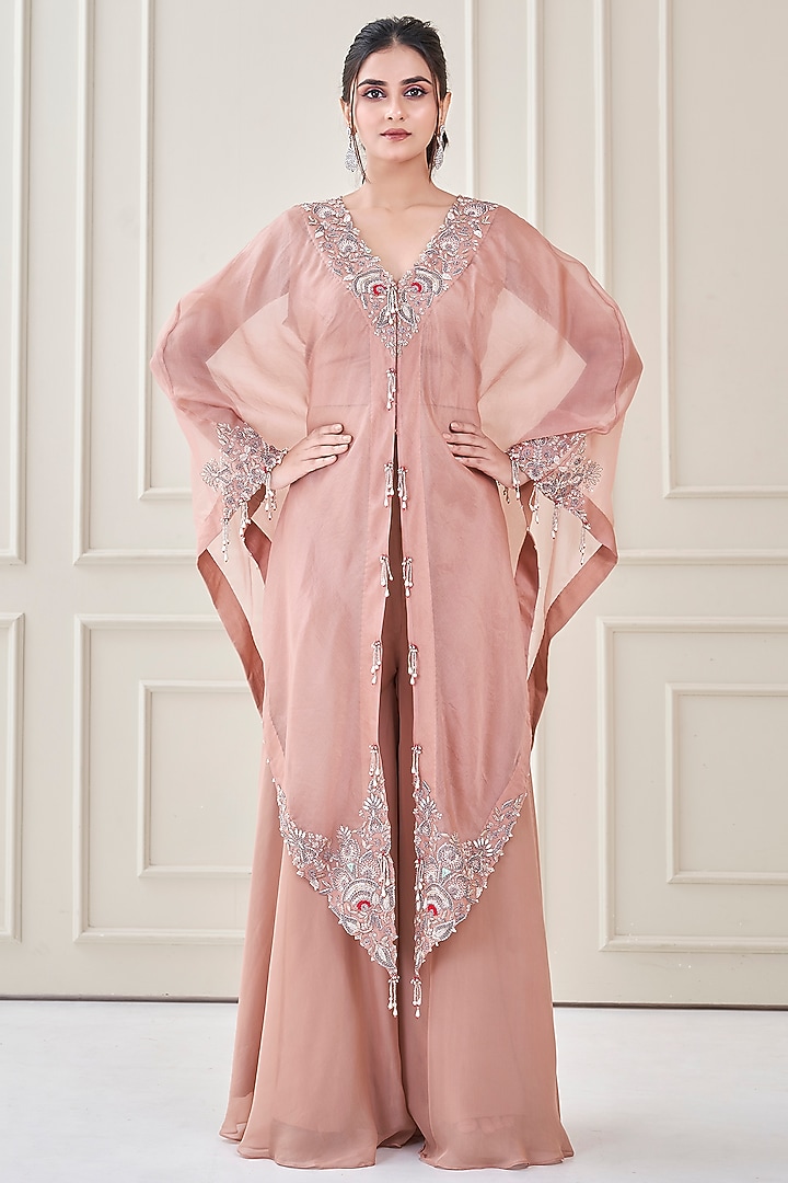 Blush Pink Organza Sequins Embroidered Wedding Sharara Set by Ojasvini at Pernia's Pop Up Shop