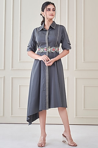 Grey Premium Cotton Shirt Dress by Ojasvini