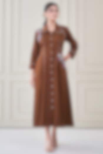 Brown Premium Cotton Floral Embroidered Shirt Summer Dress by Ojasvini at Pernia's Pop Up Shop