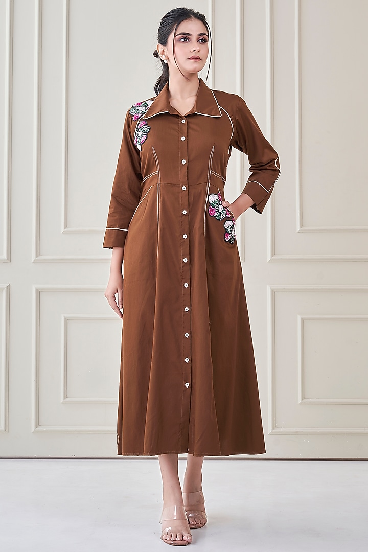 Brown Premium Cotton Floral Embroidered Shirt Summer Dress by Ojasvini at Pernia's Pop Up Shop