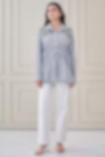 Blue Premium Cotton Floral Hand Embroidered Shirt by Ojasvini at Pernia's Pop Up Shop