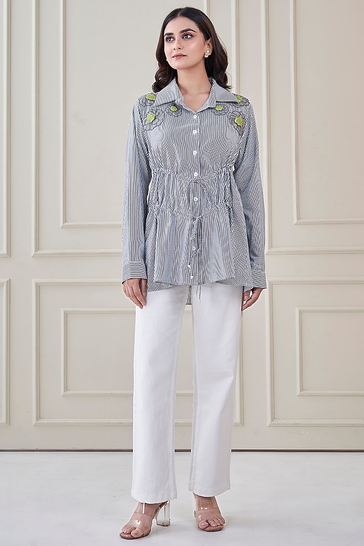 Blue Premium Cotton Floral Hand Embroidered Shirt by Ojasvini at Pernia's Pop Up Shop
