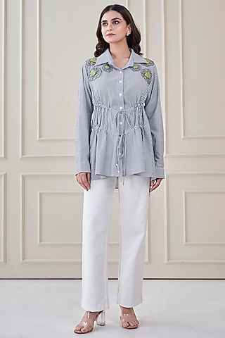 Blue Premium Cotton Floral Hand Embroidered Shirt by Ojasvini