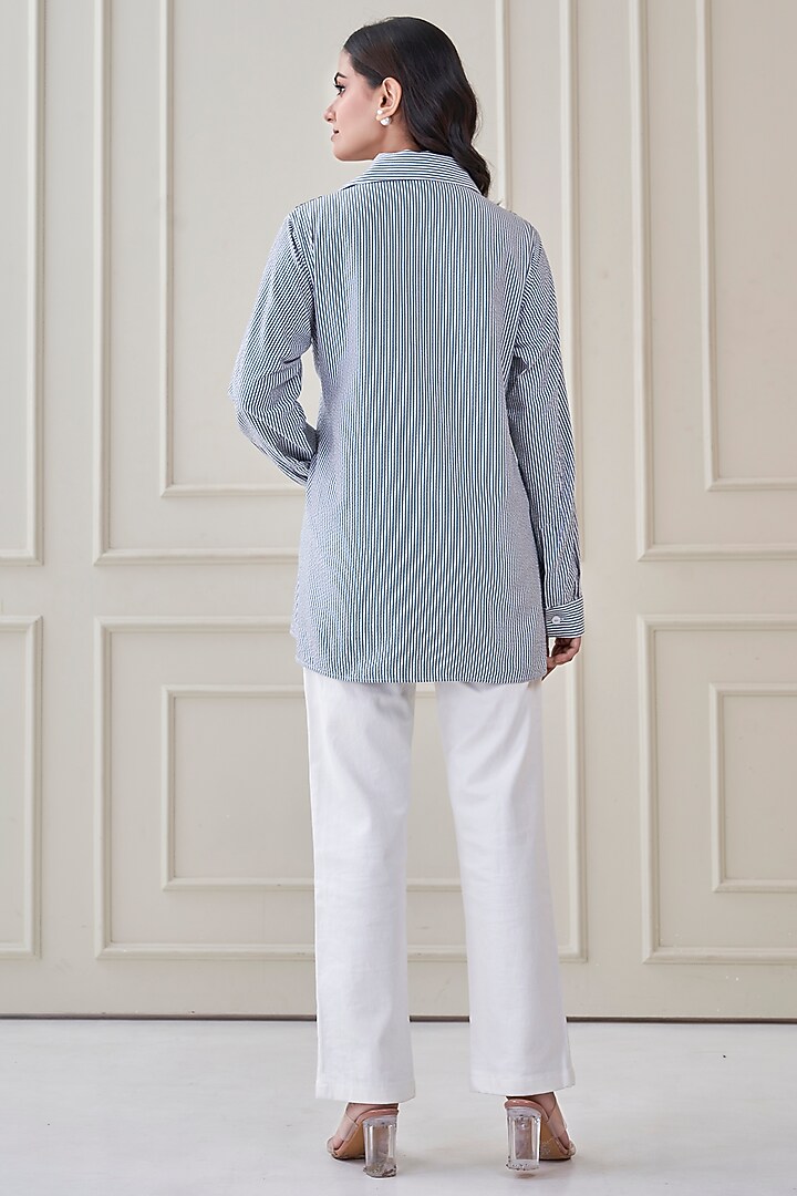 Blue Premium Cotton Floral Hand Embroidered Shirt by Ojasvini at Pernia's Pop Up Shop