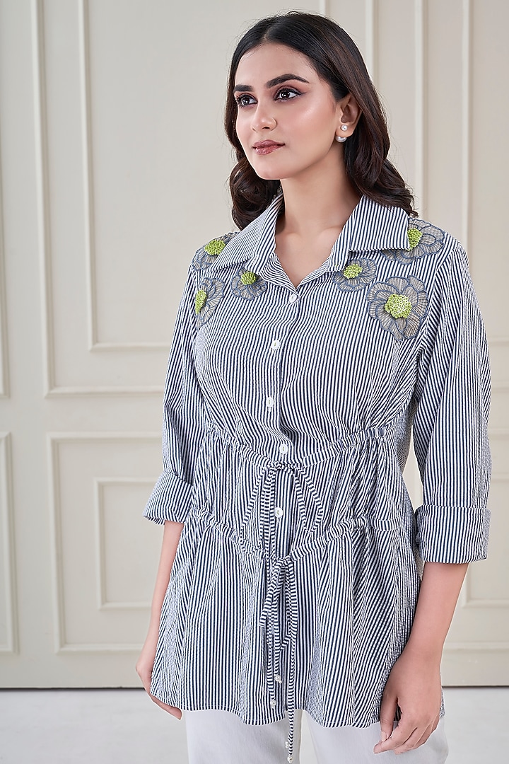 Blue Premium Cotton Floral Hand Embroidered Shirt by Ojasvini at Pernia's Pop Up Shop