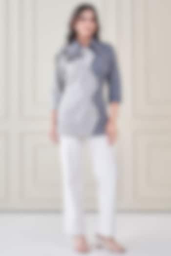 Blue Premium Cotton Floral Hand Embroidered Shirt by Ojasvini at Pernia's Pop Up Shop