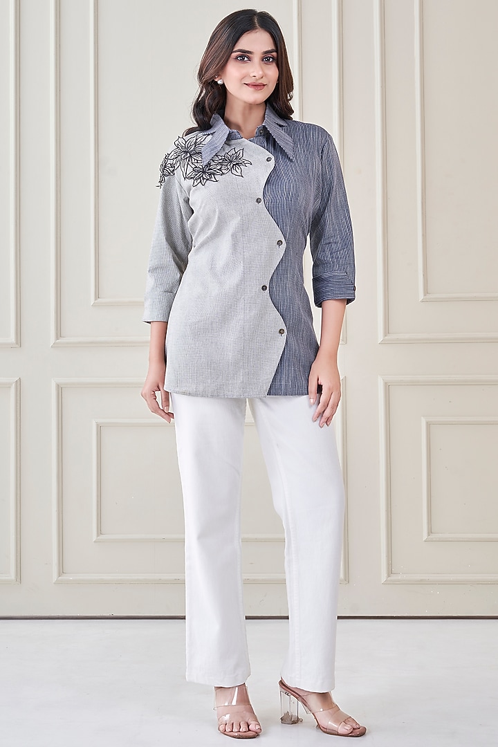 Blue Premium Cotton Floral Hand Embroidered Shirt by Ojasvini at Pernia's Pop Up Shop