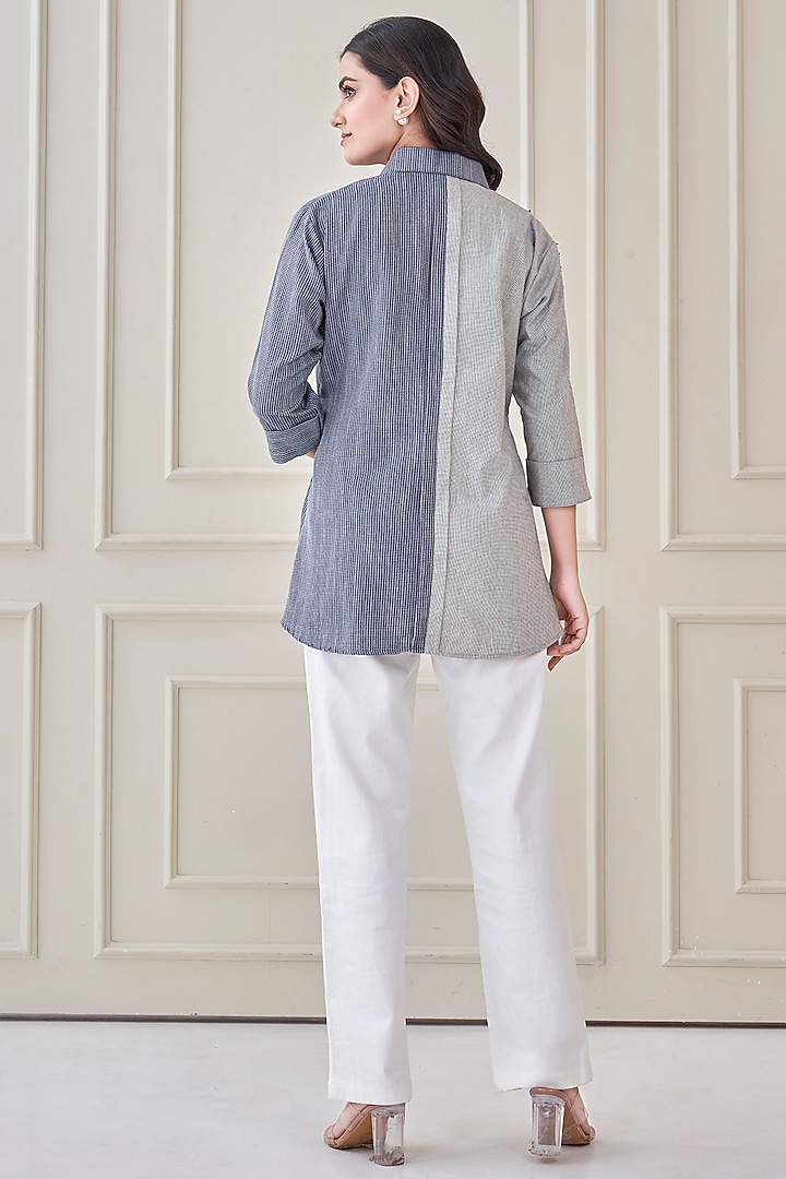 Blue Premium Cotton Floral Hand Embroidered Shirt by Ojasvini at Pernia's Pop Up Shop