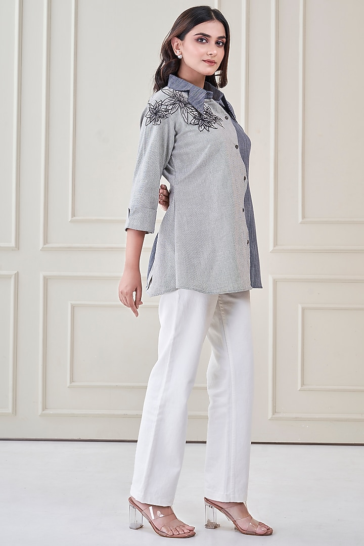 Blue Premium Cotton Floral Hand Embroidered Shirt by Ojasvini at Pernia's Pop Up Shop