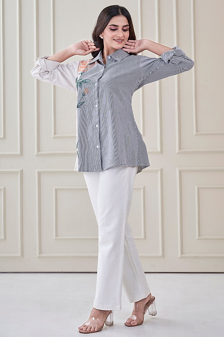 Blue Premium Cotton Floral Hand Painted Shirt by Ojasvini at Pernia's Pop Up Shop