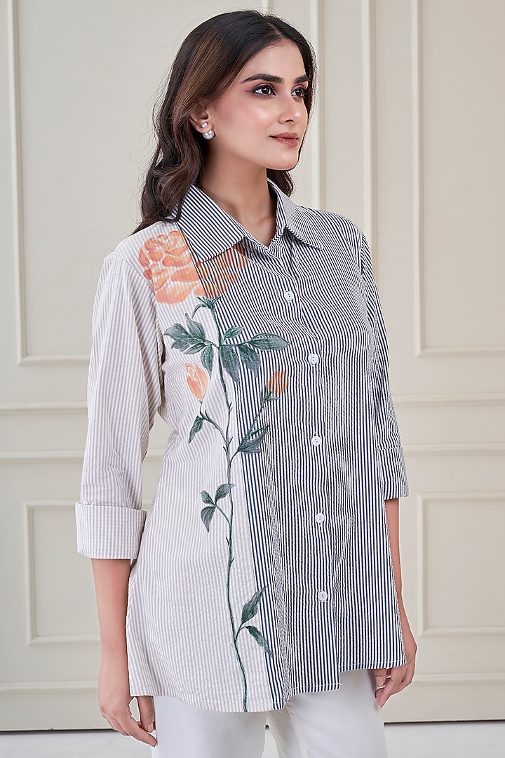 Blue Premium Cotton Floral Hand Painted Shirt by Ojasvini at Pernia's Pop Up Shop
