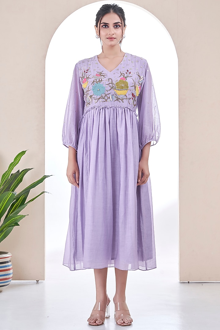 Lilac Mul Chanderi Floral Embroidered Dress by Ojasvini at Pernia's Pop Up Shop