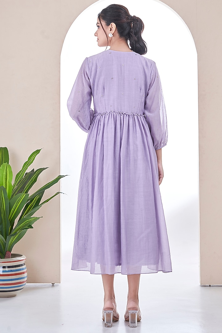 Lilac Mul Chanderi Floral Embroidered Dress by Ojasvini at Pernia's Pop Up Shop